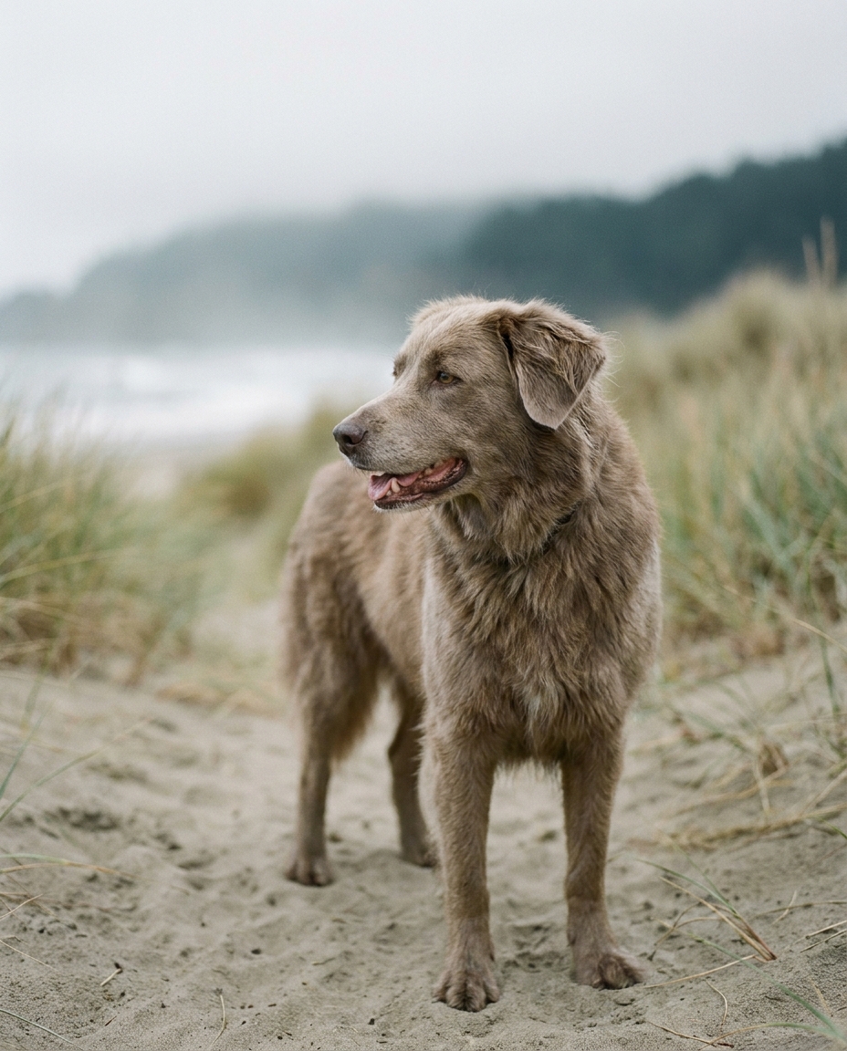 Hond die rustig in de duinen staat