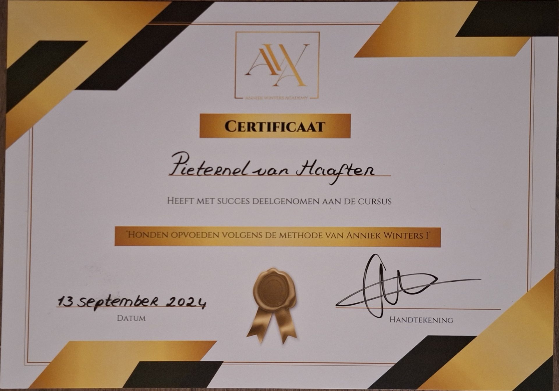 Certificaat Honden opvoeden volgens de methode van Anniek Winters I