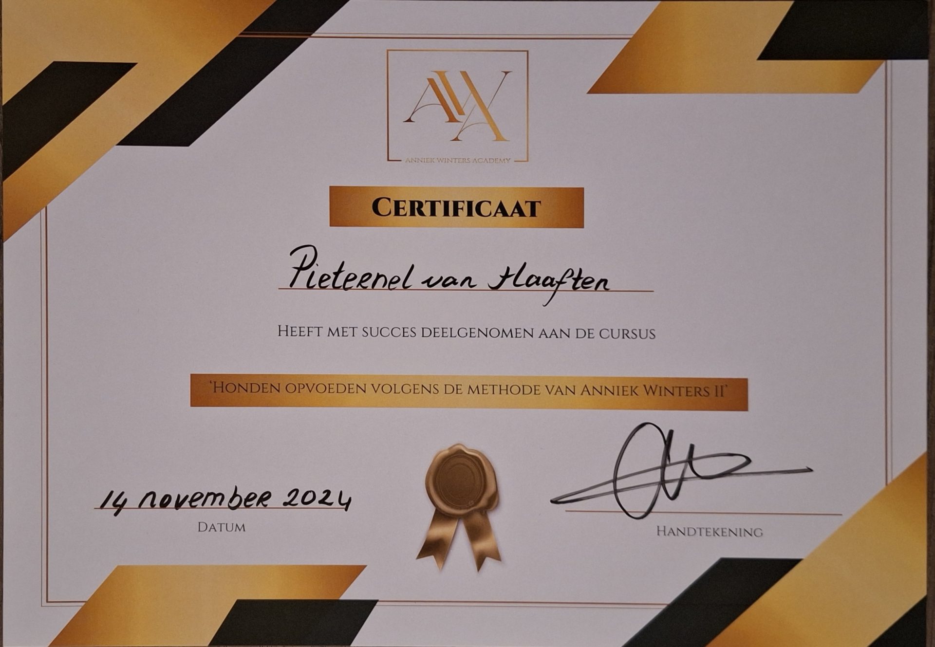 Certificaat Honden opvoeden volgens de methode van Anniek Winters II