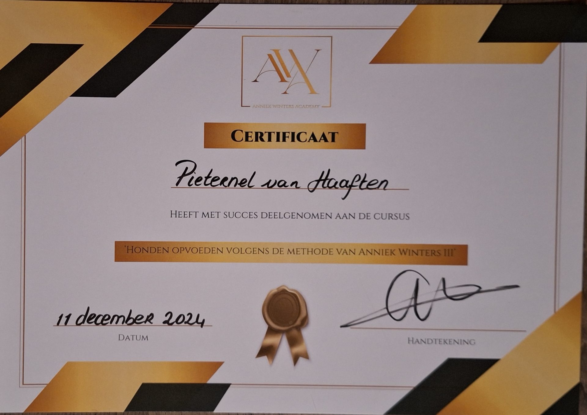 Certificaat Honden opvoeden volgens de methode van Anniek Winters III