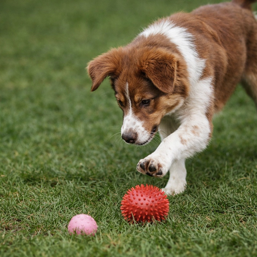 Jonge hond die speels achter een bal aan gaat in het gras